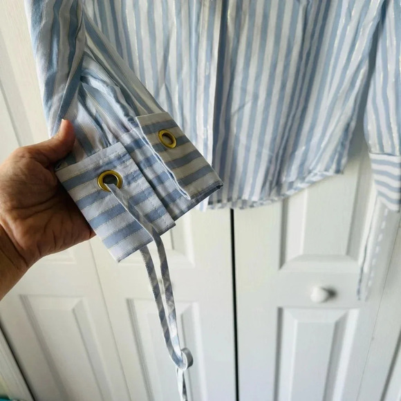 Michael Kors Button Front Collared Shirt Pale Chambray Stripes w/ GOLD METALLIC - Picture 3 of 6